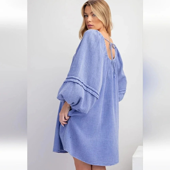 New! Easel Mineral Washed Cotton Gauze Babydoll Dress Long Sleeve Lilac … - Picture 4 of 6